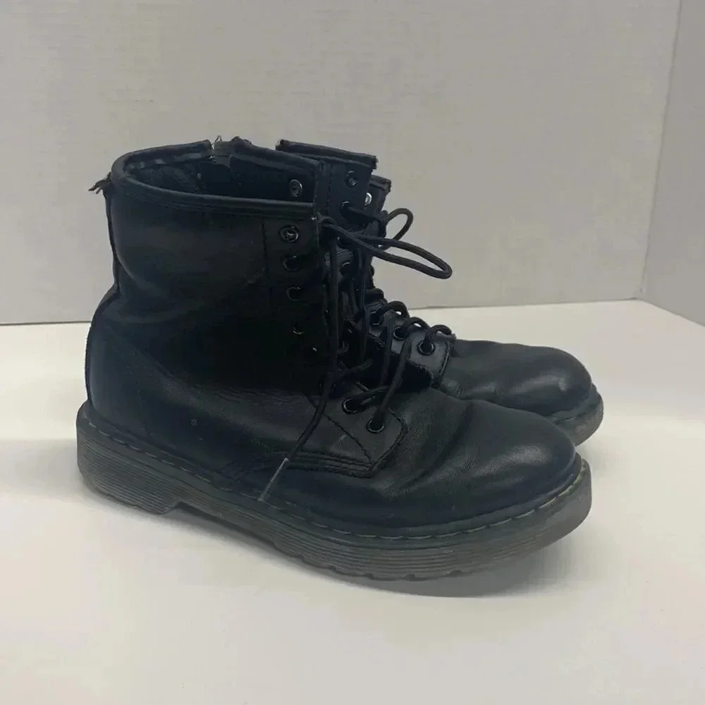 Doc Dr. Martens Black Leather Lace Up Delaney Combat Boots Little Kids Youth 2